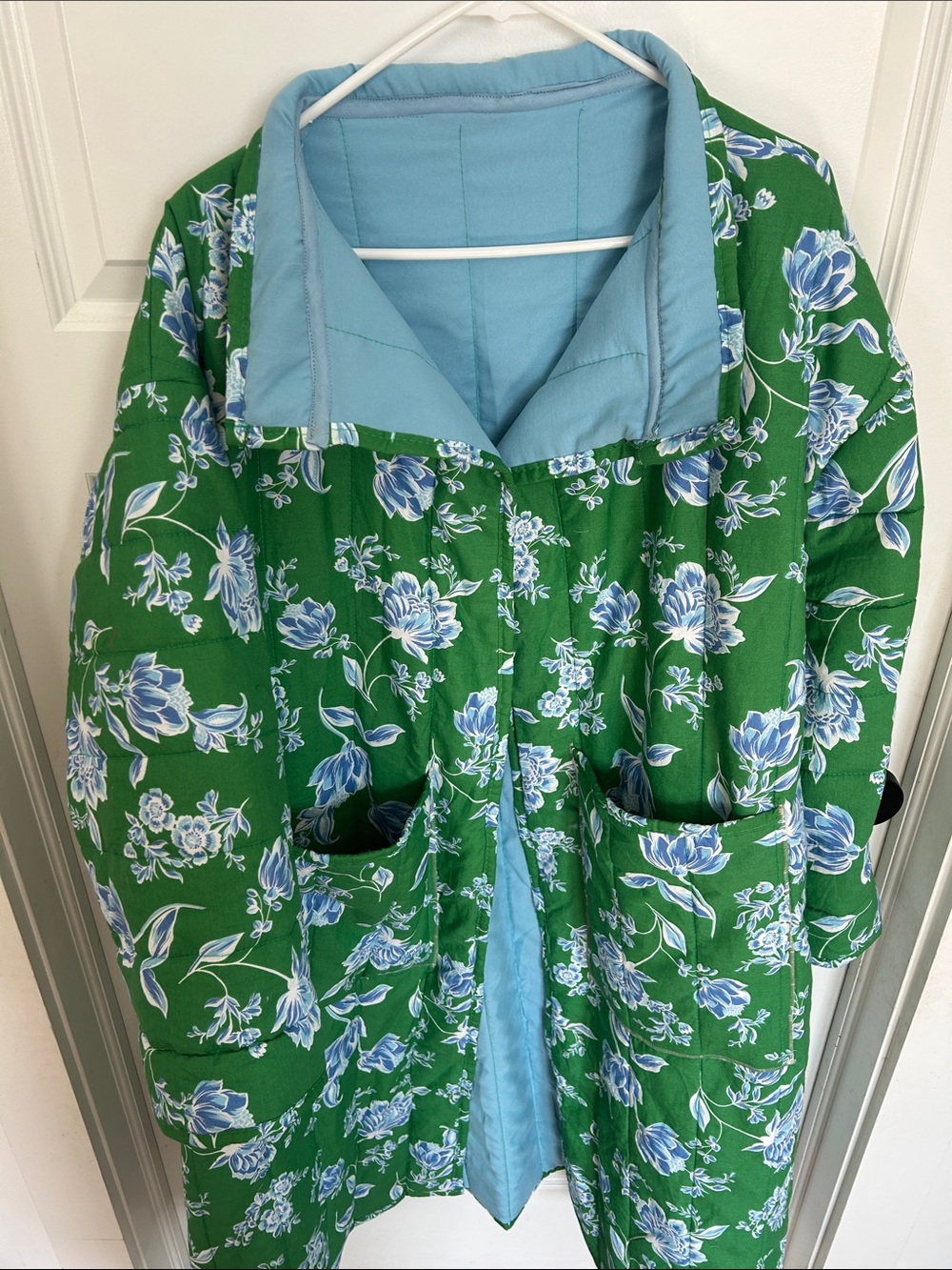 Handmade Quilt Jacket Green Floral Quilted Coat with Blue Flower Draper James - Picture 5 of 5